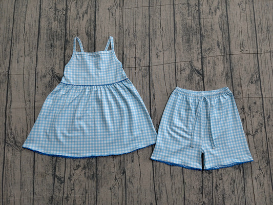Pre order  blue gingham suspender shorts set