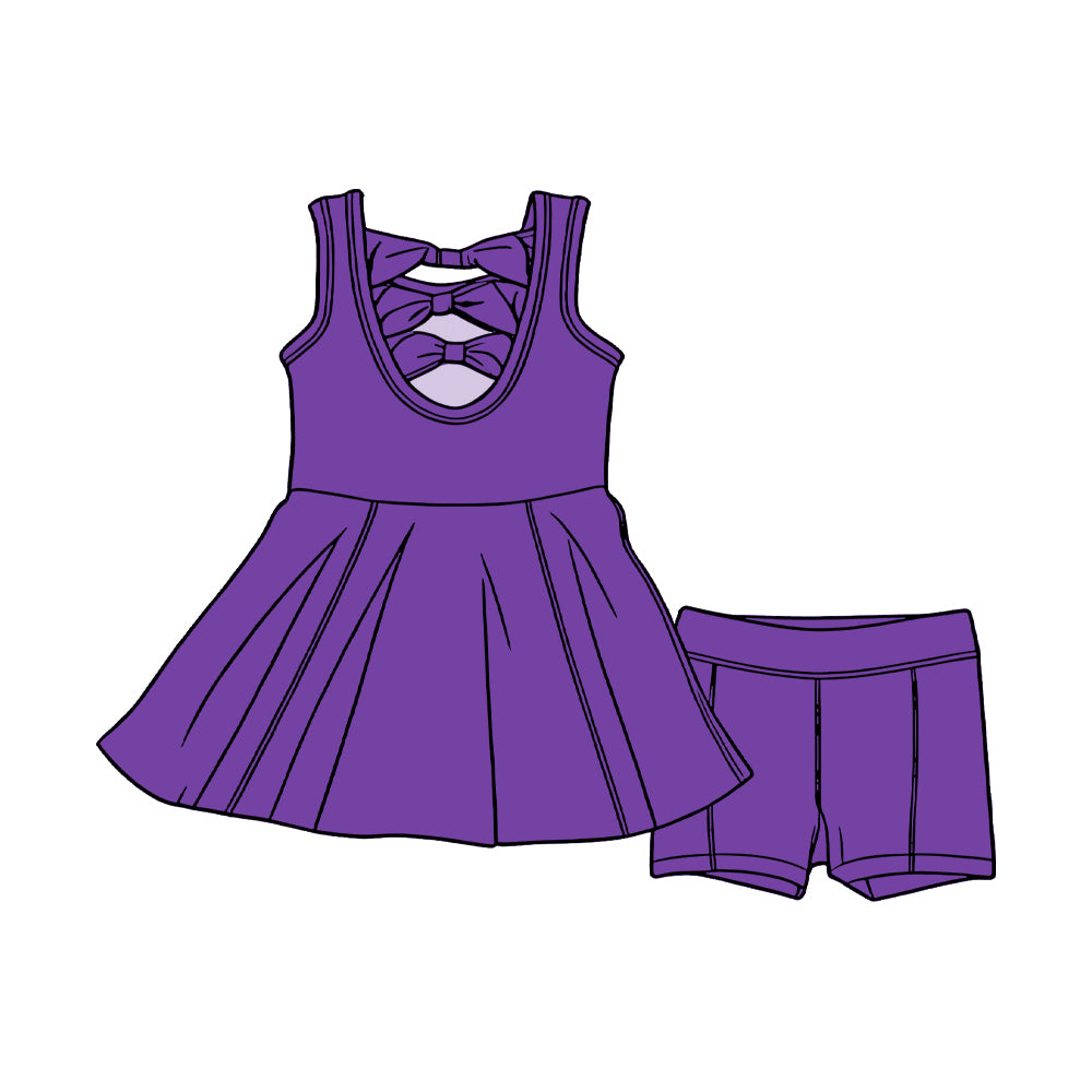 Pre order cotton solid back bow shorts set-purple