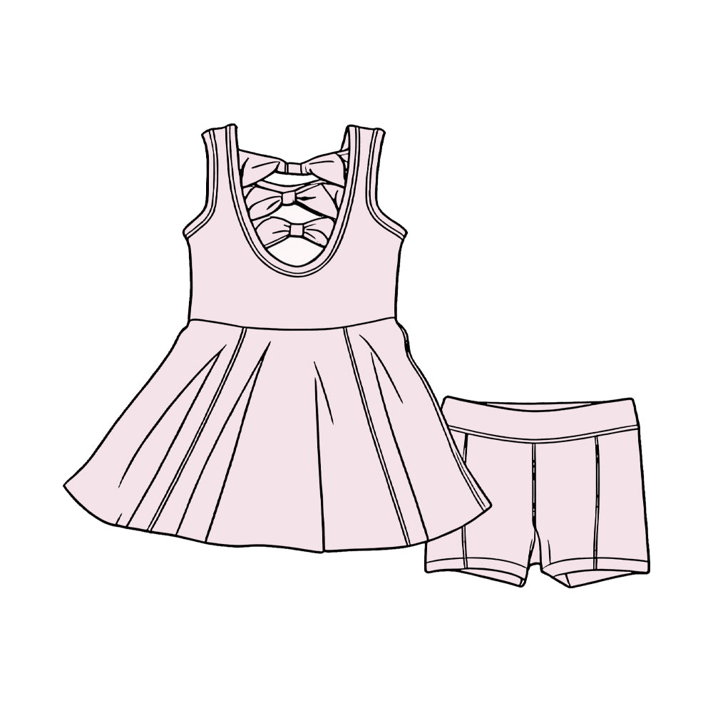 Pre order cotton solid back bow shorts set-light pink