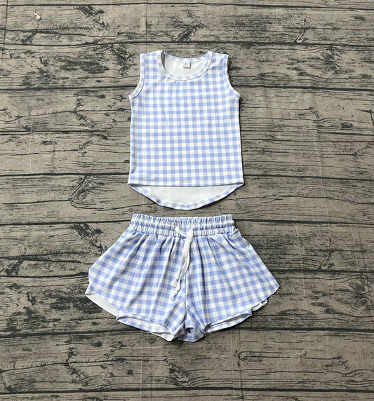 Pre order blue gingham athletic butterfly shorts set