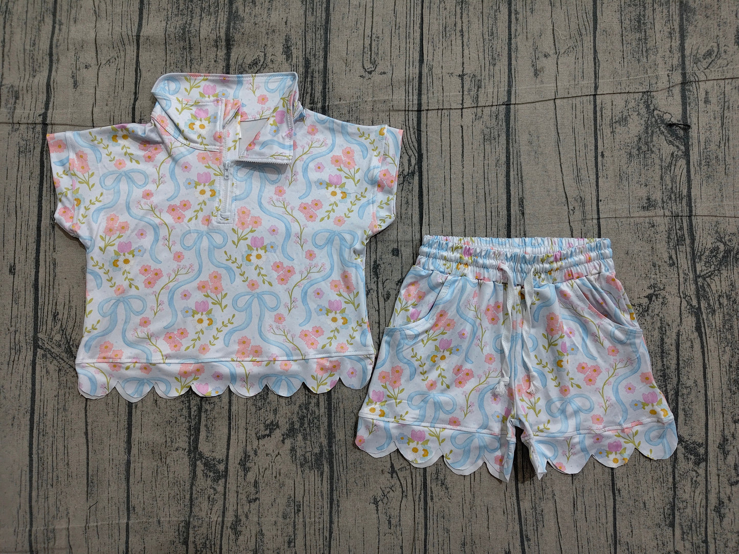 Pre order zipper floral scallop shorts set kids girl clothing