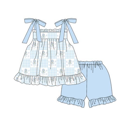Pre order blue floral patchwork strap shorts set summer girl clothing