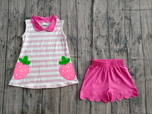 Pre order strawberry embroidery scallop shorts set
