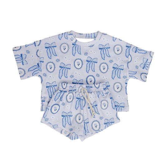 Pre order blue bow shorts set baby girl clothing