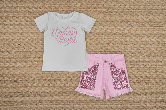 GSSO3756 mama's bestie tee pink sequin denim shorts set