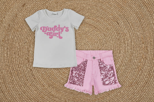 GSSO3757 daddy's b girl tee pink sequin denim shorts set