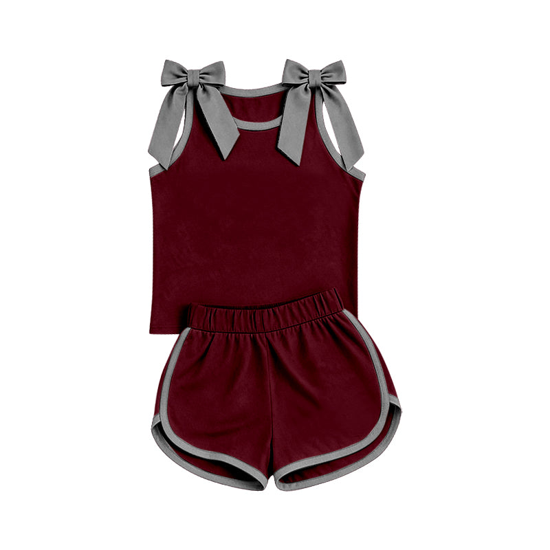 Pre order maroon and gray bow tank shorts set
