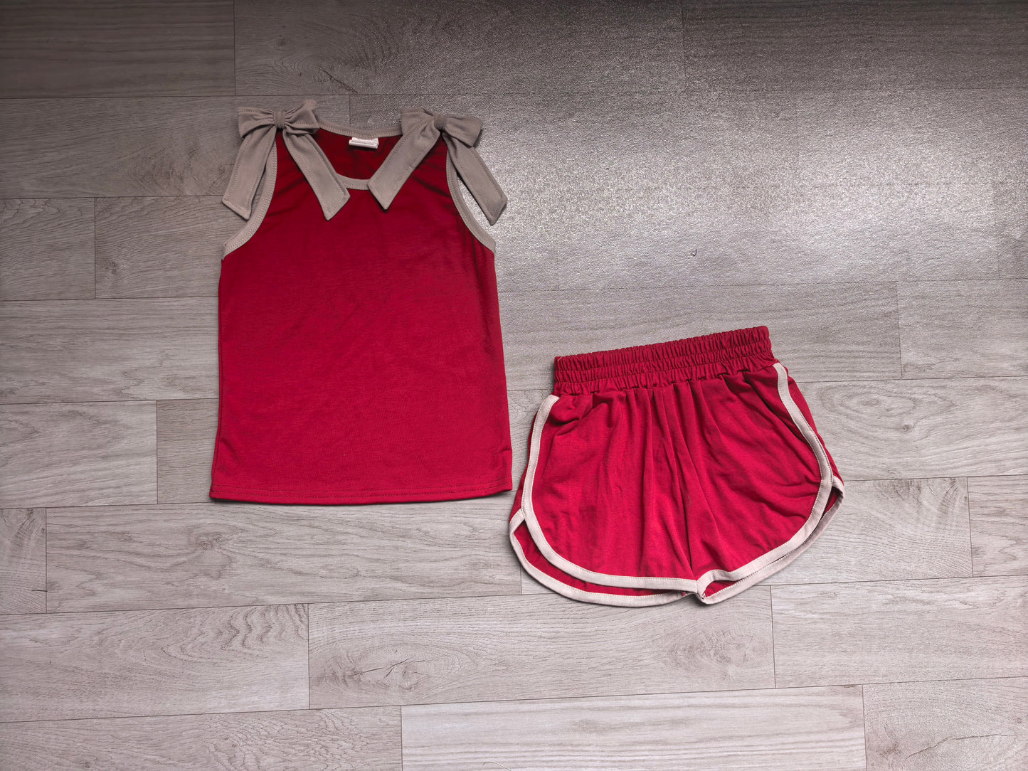 Pre order maroon and gray bow tank shorts set