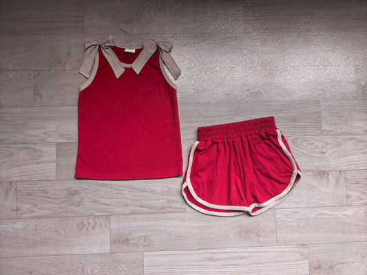 Pre order maroon and gray bow tank shorts set
