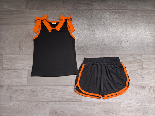 Pre order black and orange bow tank shorts set