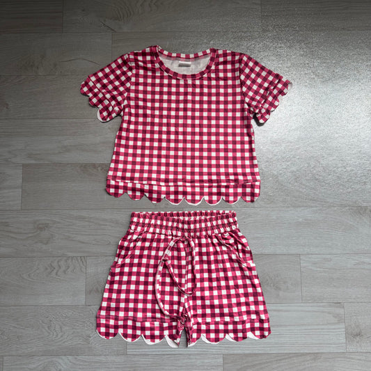 Pre order maroon gingham scallop shorts set
