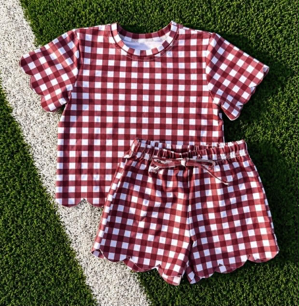 Pre order maroon gingham scallop shorts set