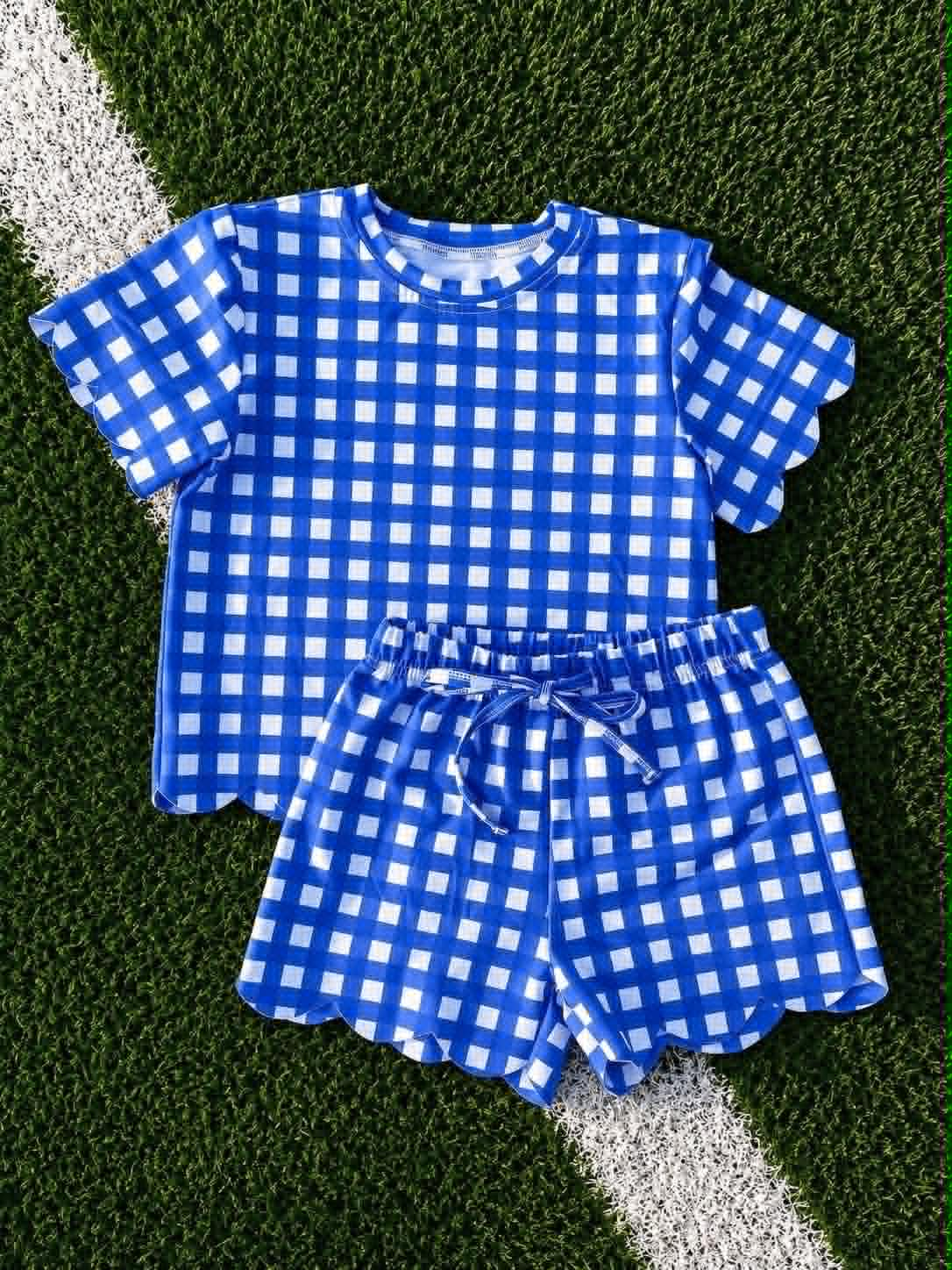 Pre order royal blue gingham scallop shorts set