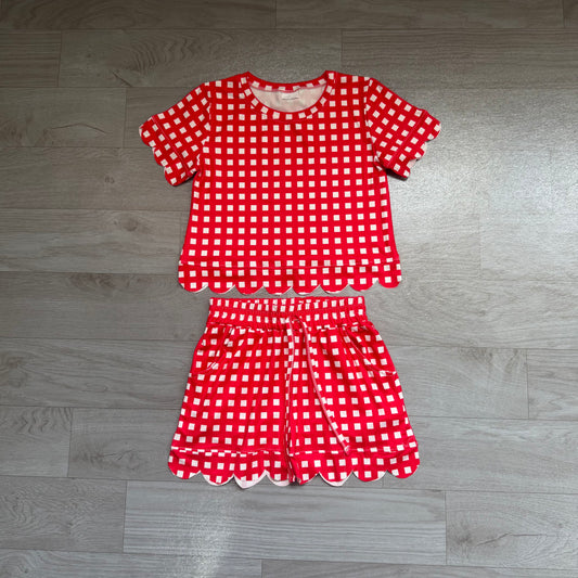 Pre order red gingham scallop shorts set