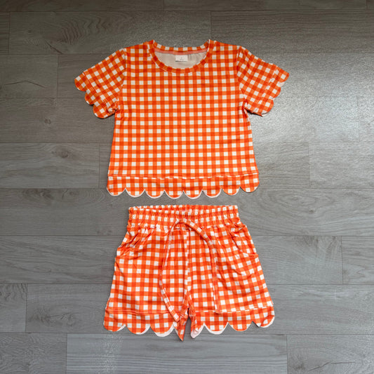 Pre order orange gingham scallop shorts set