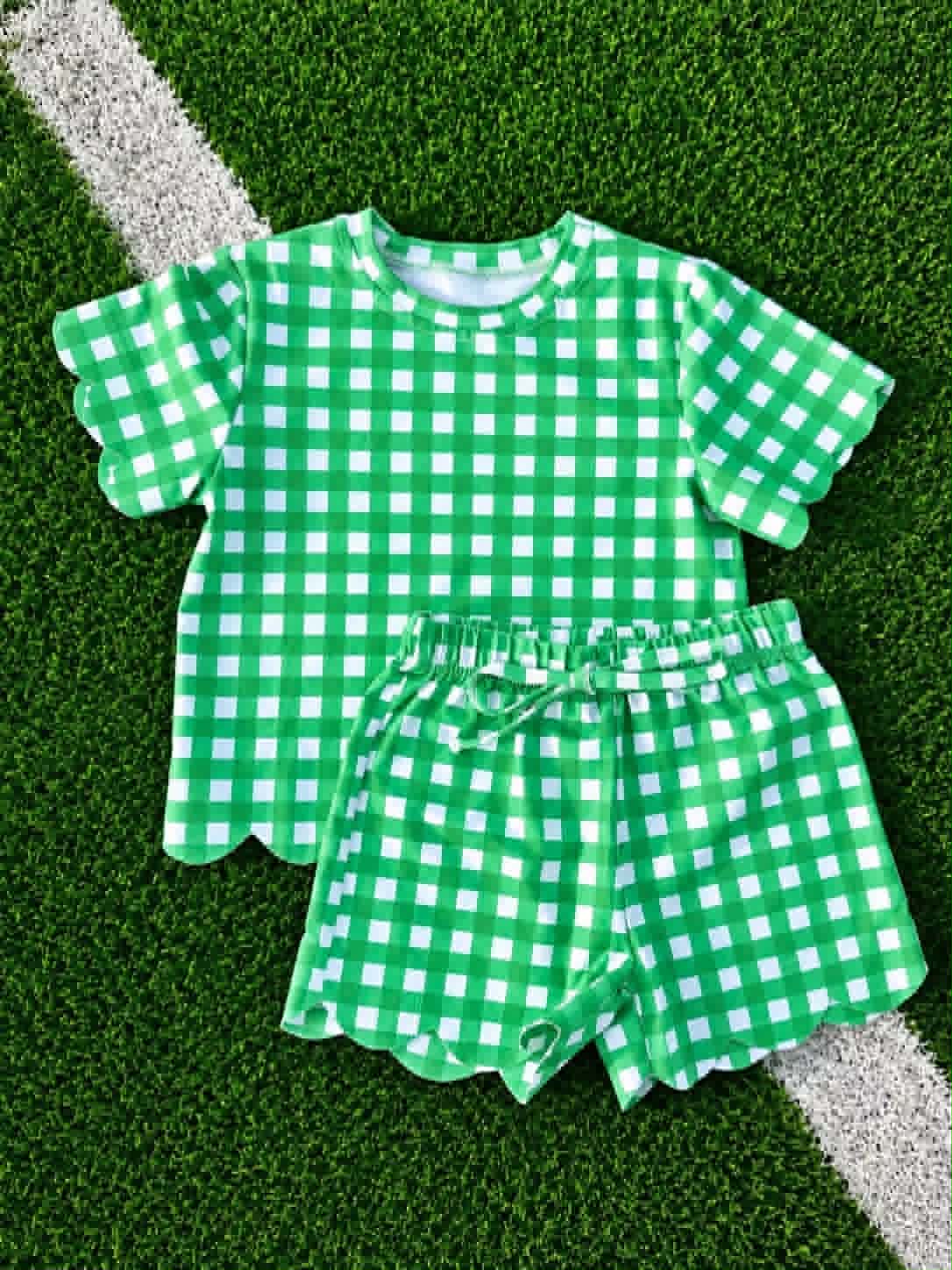 Pre order green gingham scallop shorts set