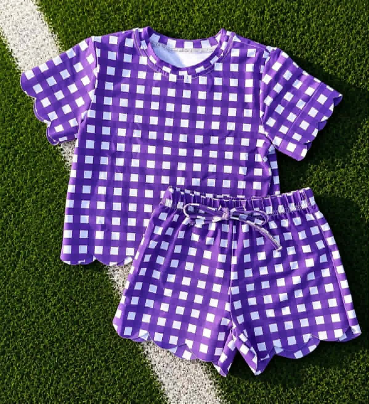 Pre order purple gingham scallop shorts set