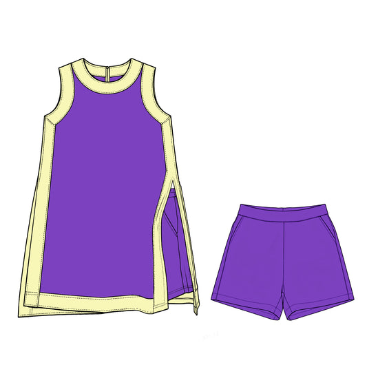 Pre order MOQ 30 girls purple yellow sleeveless shorts outfits yoga set