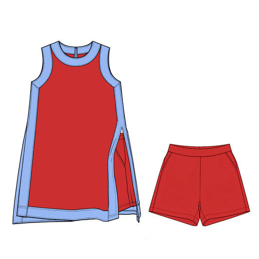 Pre order MOQ 30 girls red blue sleeveless shorts outfits yoga