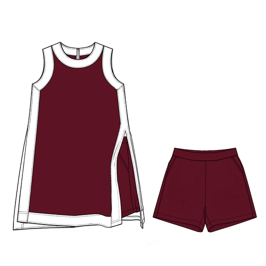 Pre order MOQ 30 girls dark red white sleeveless shorts outfits yoga