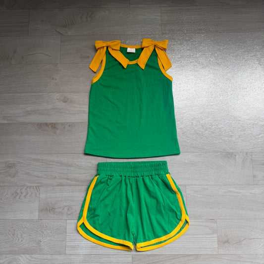 Pre order green gold bow tank shorts set