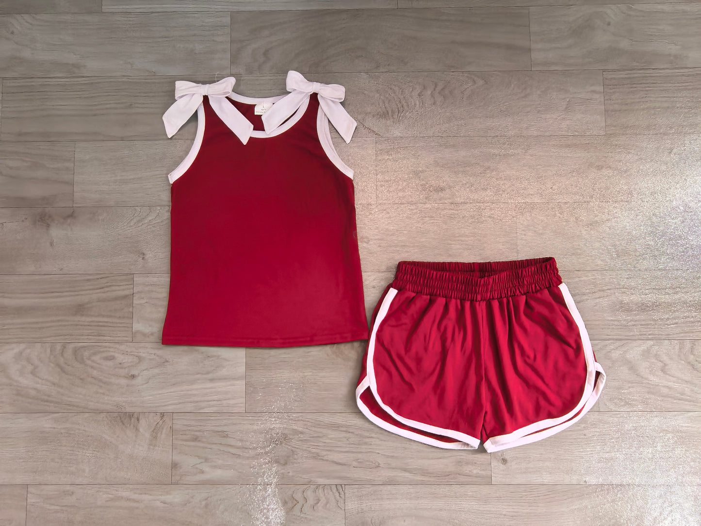 Pre order maroon white bow tank shorts set