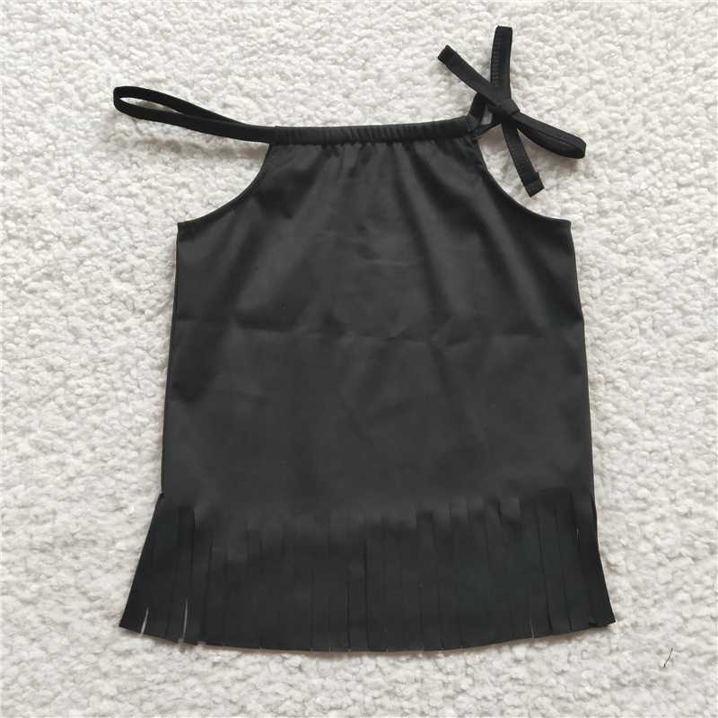 GSPO1185 Girls Black Tassel Halter Top Mini Letter Black and White Plaid Trousers Set