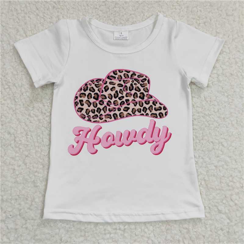 GSPO1208 Girls howdy leopard print hat white short-sleeved alpine bull head cactus light ball cow pattern stitching trousers suit