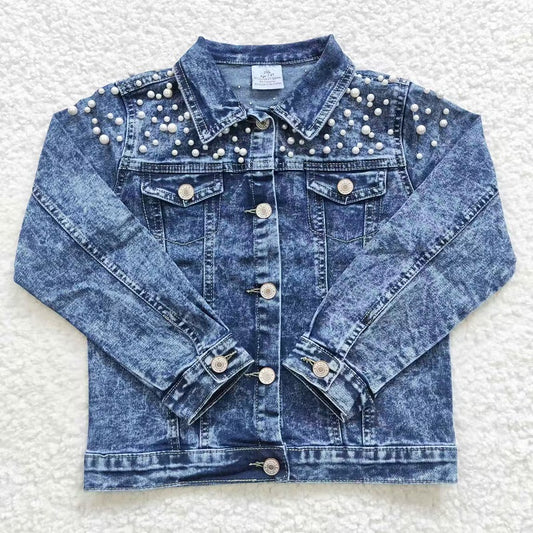 GT0175 Baby Girls Blue Pearl Long Sleeve Denim Top