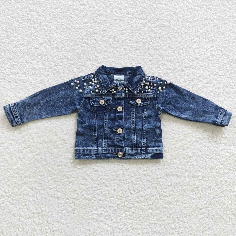 GT0175 Baby Girls Blue Pearl Long Sleeve Denim Top