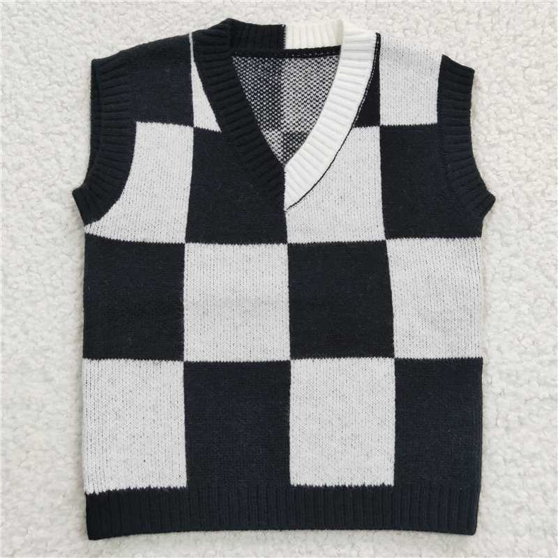 black and white plaid vest sweater +black leather skirt GT0187+GLK0013