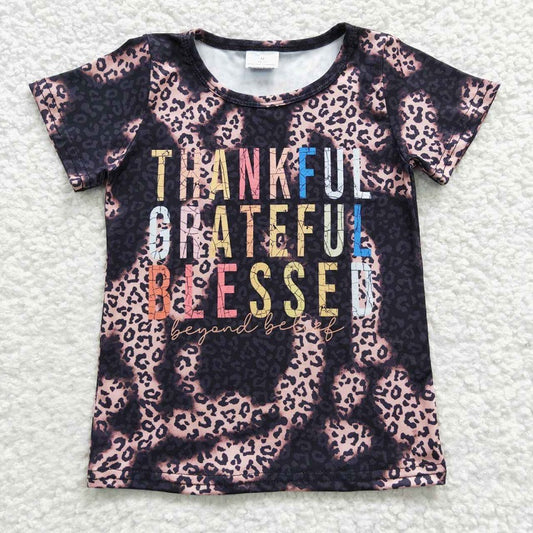 GT0193 thankful grateful blessed colorful letter leopard short-sleeved top