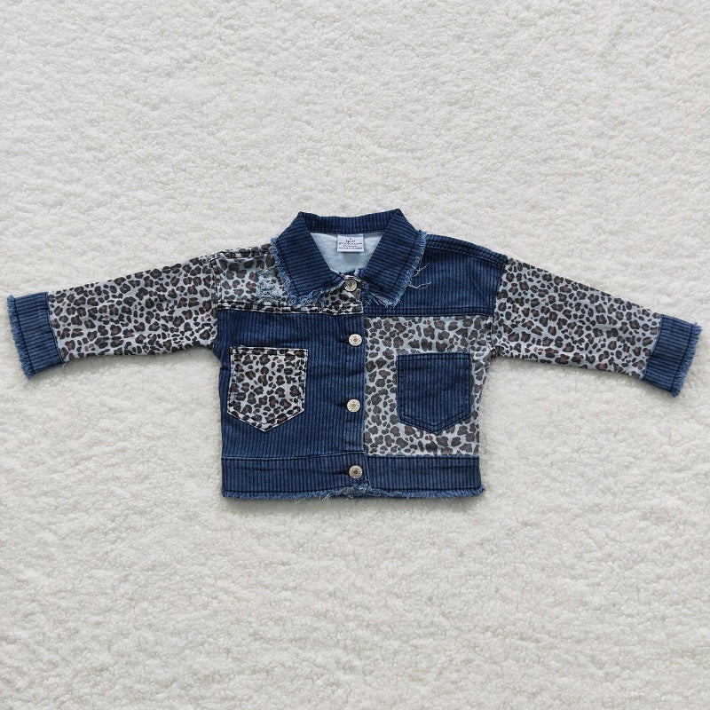 GT0203 Leopard-Panel Long-Sleeve Denim Top