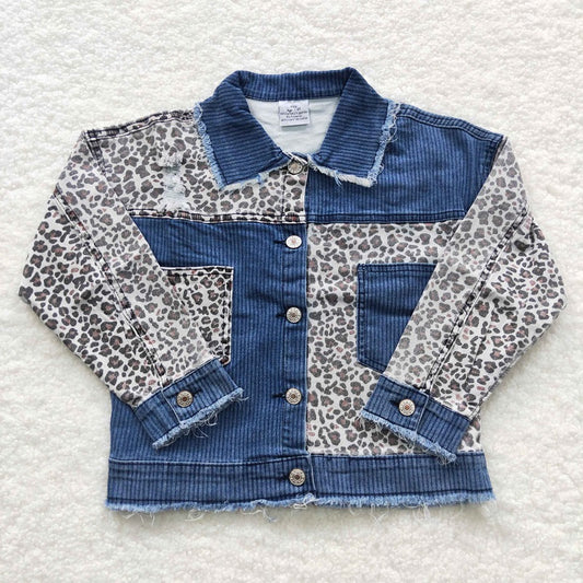 GT0203 Leopard-Panel Long-Sleeve Denim Top