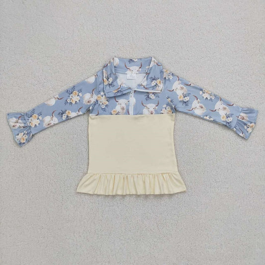 GT0301 Cow flower beige blue zippered long-sleeved top