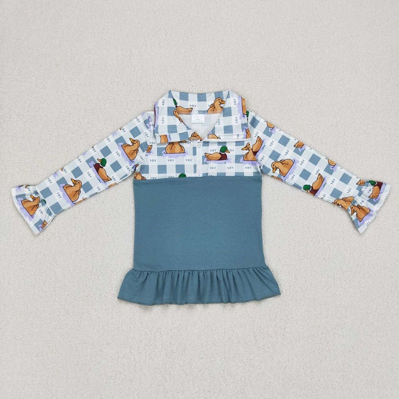 GT0308 Duck blue and white plaid lace zippered long-sleeved top