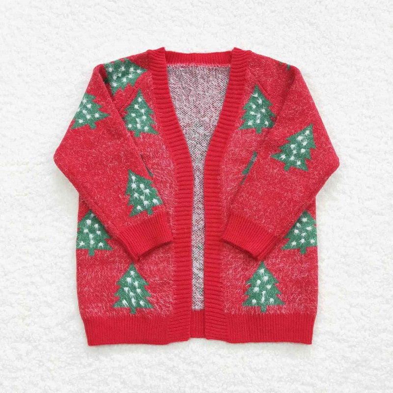 GT0356  White Polka Dot Christmas Tree Red Long Sleeve Sweater Cardigan