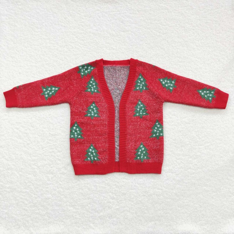 GT0356  White Polka Dot Christmas Tree Red Long Sleeve Sweater Cardigan