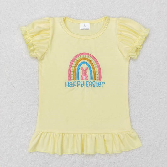 GT0392 Embroidered Letter Rabbit Rainbow Yellow Lantern Sleeve Short Sleeve Top