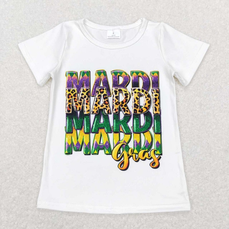 GT0442 mardi gras letter white short sleeve top