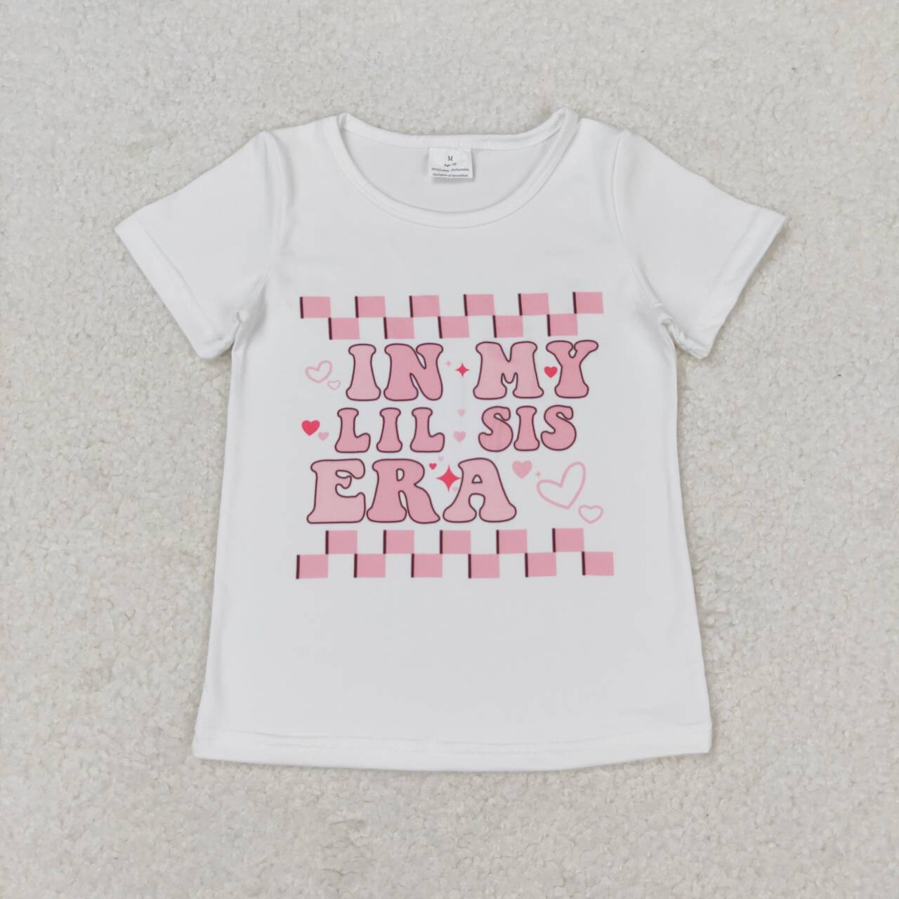 GT0557 in my lil sis era letter pink and white plaid short sleeve top
