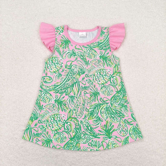 GT0561 Seaweed pattern pink and green flying sleeve top