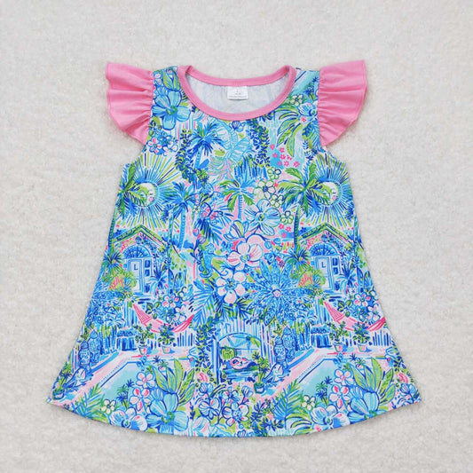 GT0563 Flower pattern rose pink flying sleeve blue top D 5.6