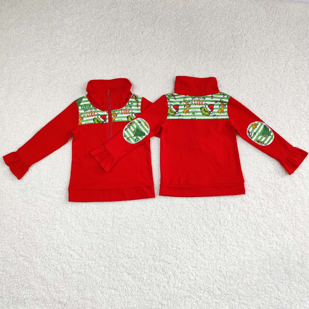 GT0611 Puppy Christmas Tree Lace Green Stripe Red Zip Long Sleeve Top