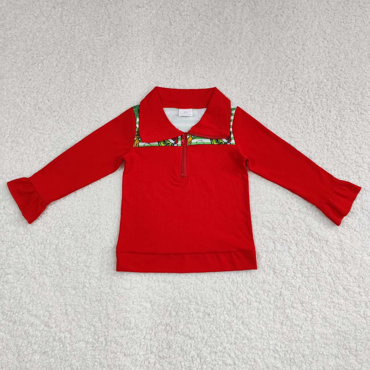 GT0611 Puppy Christmas Tree Lace Green Stripe Red Zip Long Sleeve Top