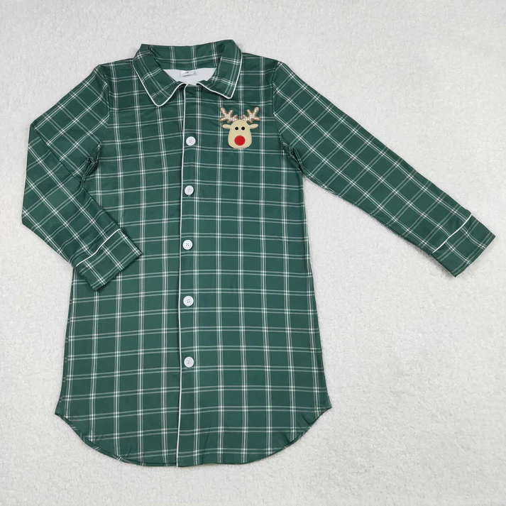 Embroidery Deer Mama and Me Green Checked Christmas Sleep Wear Pajamas Ruffle Dresses  D 927