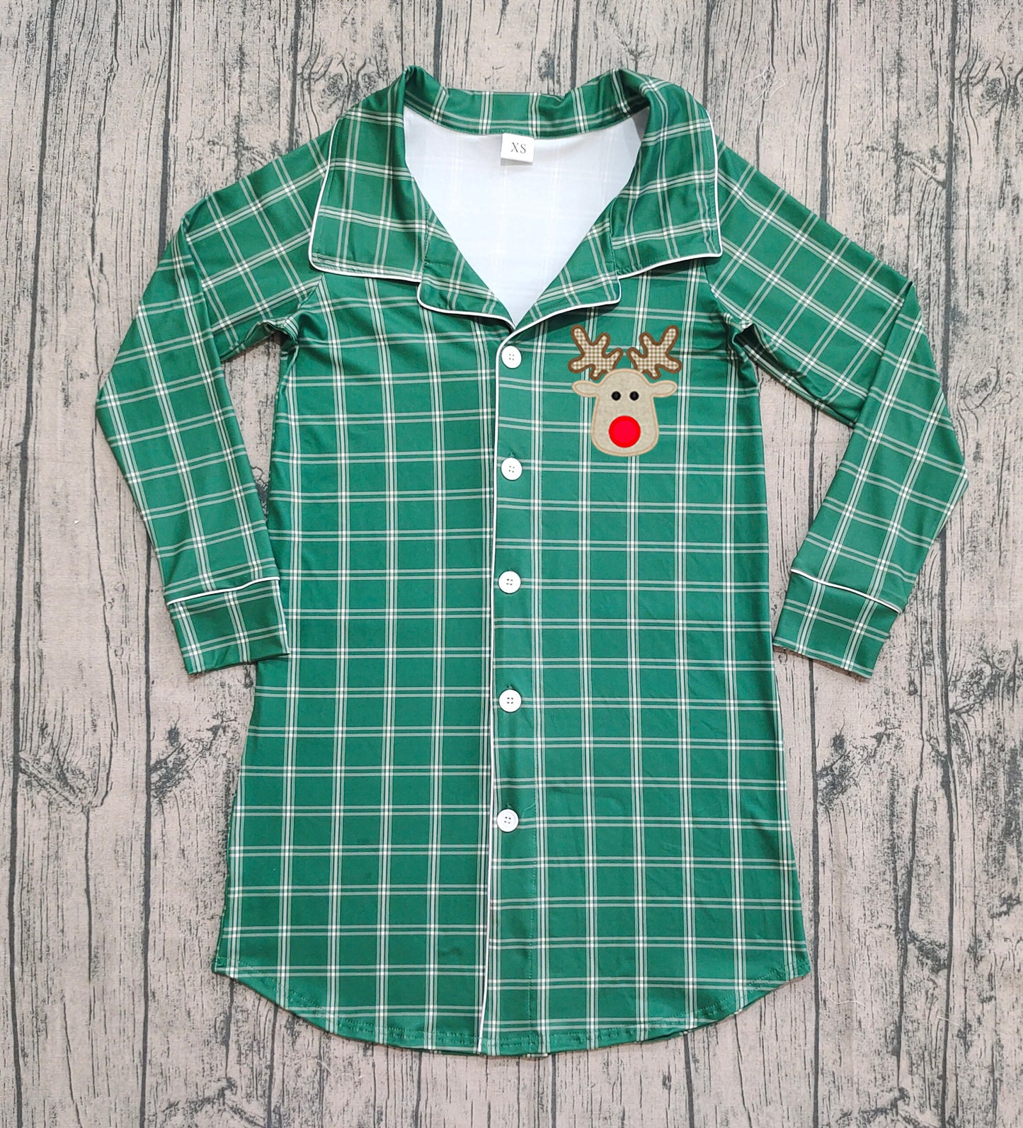 GT0621 Adult Women Christmas Reindeer Green Plaid Long Sleeve Top D 929
