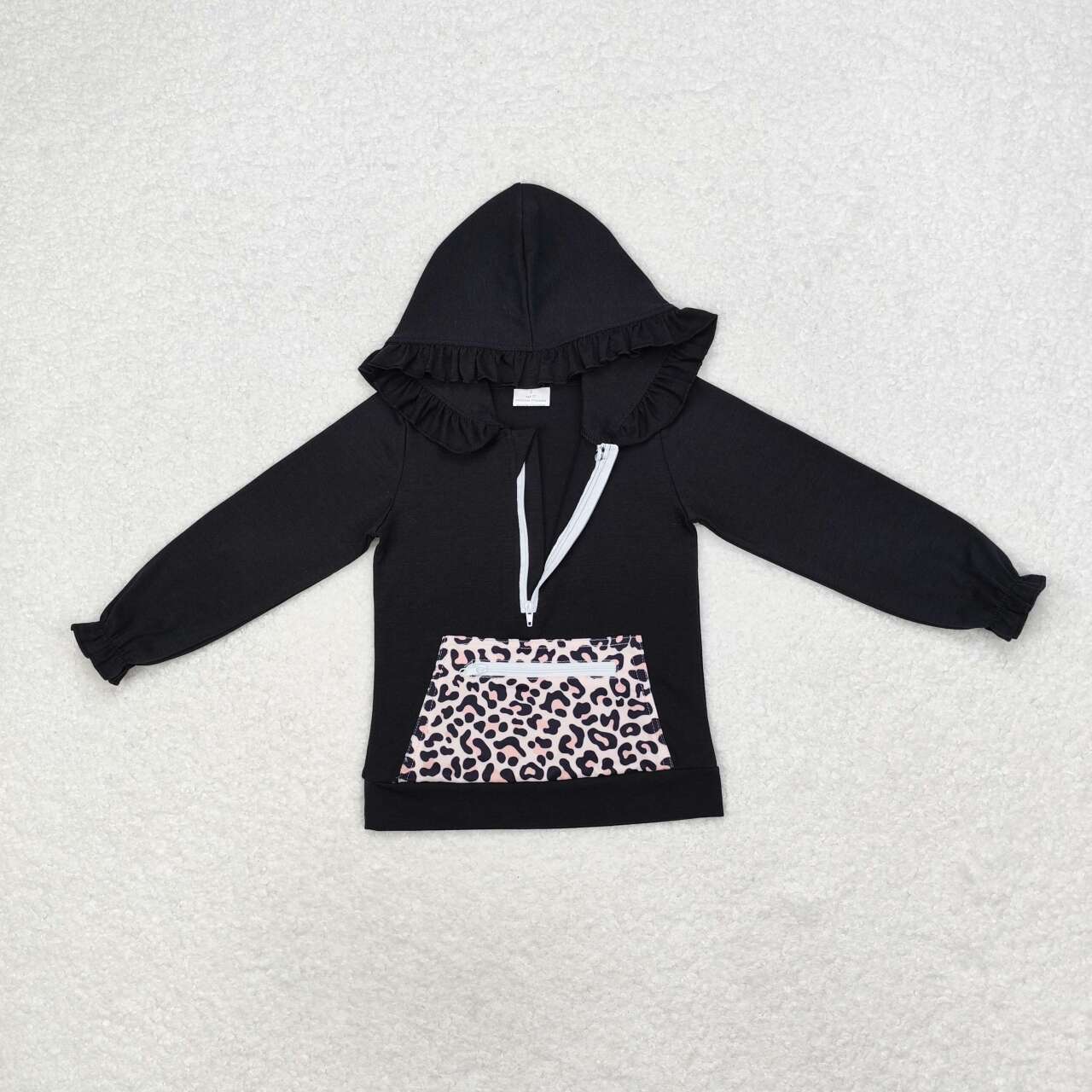GT0624 Black hooded long-sleeved top with leopard print pocket zip