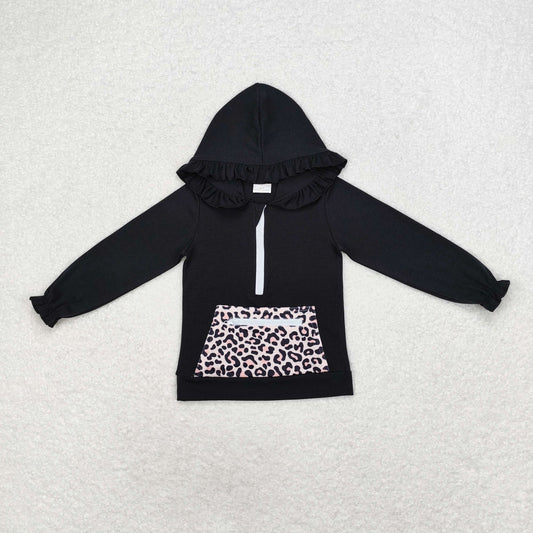 GT0624 Black hooded long-sleeved top with leopard print pocket zip