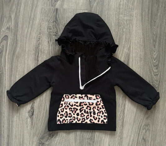 preorder GT0624 Black hooded long-sleeved top with leopard print pocket zip